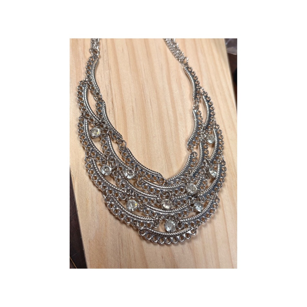 Silver Tone Bib Necklace Women Evening Wear Tiered Rhinestone Statement Boho